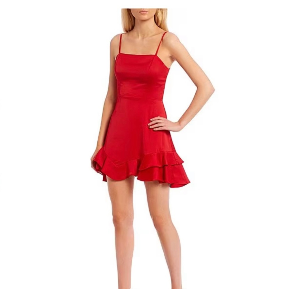 Sleeveless spaghetti strap open tie back double red fit and flare satin dress.